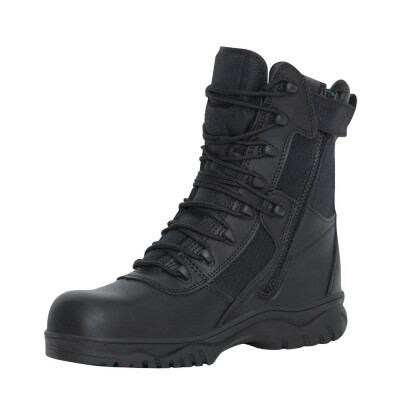 Rothco 'Forced Entry' 8" Side Zipper Composite Toe Tactical Boot is a security-friendly completely non-metallic tactical boot; featuring durable a non-metallic composite toe and shank, speedlace eyelets, and side zipper. The combat boots include a slip resistant boot sole, and moisture wicking lining to keep your feet dry. These composite toe boots have a pigskin leather collar with gusseted tongue for optimal comfort and debris blockage to prevent dirt and rocks from entering the tactical boot. Strong As Steel Non-Metallic Composite Toe And Shank Makes The Tactical Boot Non-Conductive Slip Resistant Boot Sole Non-Metallic Speedlace Eyelets And Side Zipper Boot Pigskin Leather Collar With Gusseted Tongue Moisture Wicking Lining Meets ASTM F2413-05 Standards And EN12568 Standards (European)