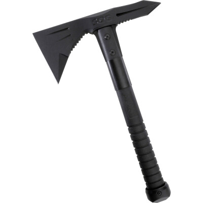 Featuring an extended cutting head, the black Voodoo Hawk from SOG is a versatile tool for breaching operations, excavation, obstacle removal, extraction, and other applications. The 3.5" 3CR13 stainless steel blade is mounted to a fiberglass-reinforced nylon handle for grip and stability. It also has a metal butt cap. Additionally, it comes with a ballistic nylon sheath that features a snap closure, and a belt loop.