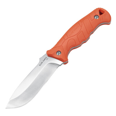 Durable, outdoor knife with a full-tang design, i.e. with a blade stem passing through the entire handle. The drop-point blade is made of 440A stainless steel. Notching on the back of the knife allows you to rest your thumb securely, which translates into comfortable and safe work with the tool. The ergonomically contoured handle is made of durable orange polymer. The finger cut performs the function of a deer to prevent the hand from slipping onto the blade during operation. At the end of the handle there is a hole for interlacing the rope. The set includes a nylon holster, which provides a convenient installation of the knife at the waist. Specifications Blade length: 107 mm Blade thickness: 3.8 mm Steel: stainless 440A Handle material: polymer Total length: 229 mm Weight: 210 g
